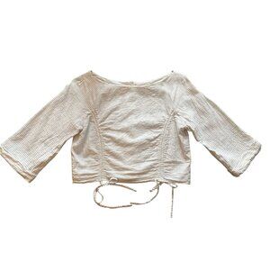 Zara Basic Medium 3/4 sleeve ruched drawstring striped top